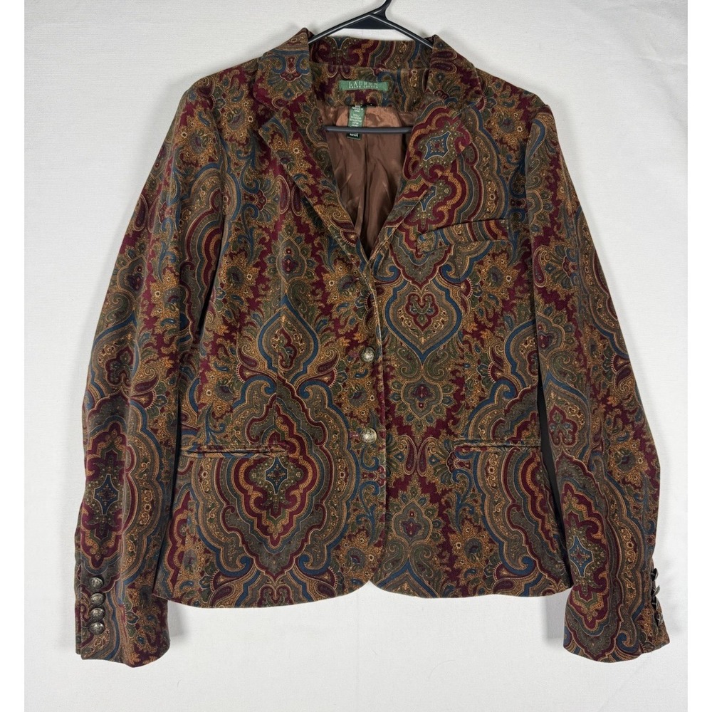 Ralph Lauren LRL Blazer Women's Large Brown Paisley Damask Velvet 90s Jacket